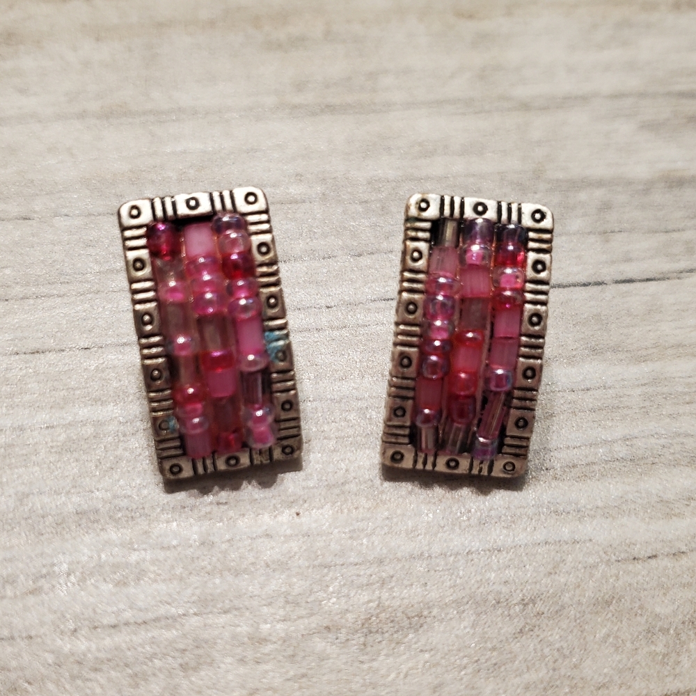 Pink Fuscia Silver Beaded Post Earrings Vtg Estate Jewelry